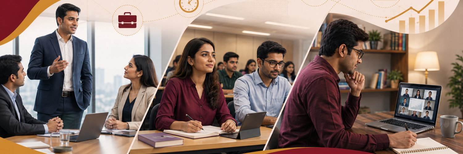 Executive MBA vs Part-Time MBA vs Online MBA - working professional comparing career growth options